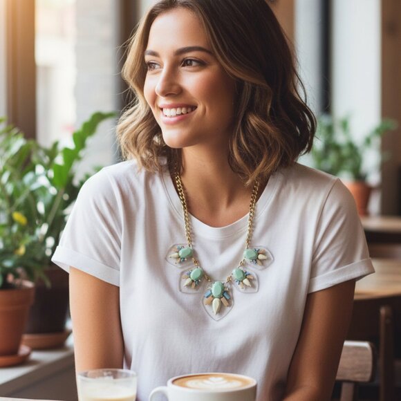 J Crew Goldtone Necklace Sage Green Baby Blue Clear Acrylic transparent - Picture 2 of 5